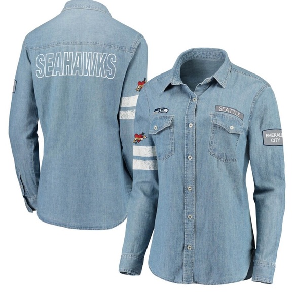Women's WEAR By Erin Andrews Denim Seattle Seahawks Long Sleeve Button-Up Shirt - Picture 1 of 7